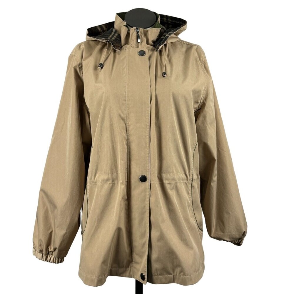 Blair Hooded Jacket Womens Size L Khaki Removeable Plaid Liner Snap Zip Pockets